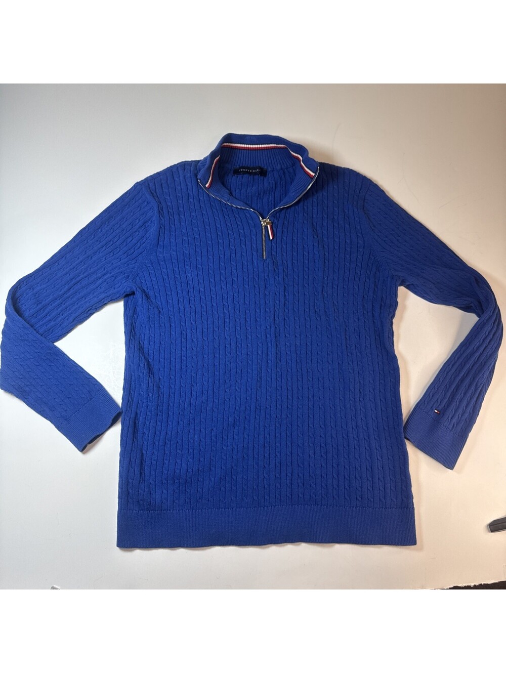 Tommy Hilfiger Men's Cable Knit Quarter-Zip Sweater Blue Size M 100% Cotton Warm